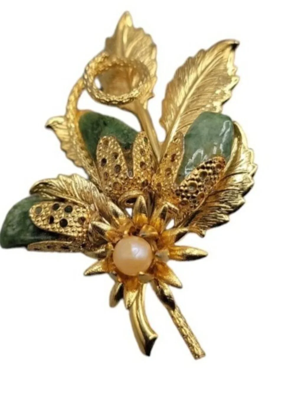Gold Plated Jade Faux Pearl Flower Brooch Textured Leaves Detailed Design